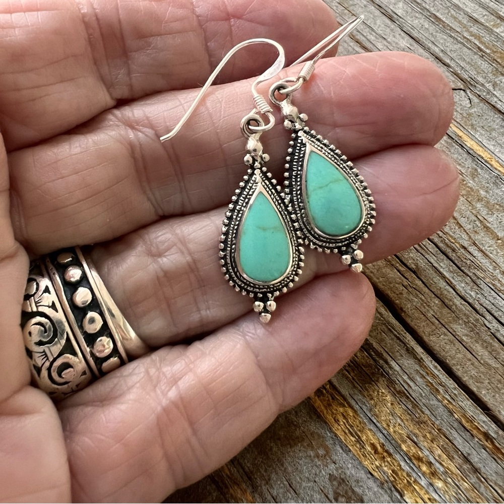 Long teardrop Faux turquoise Boho southwest TexMex western dangle earrings